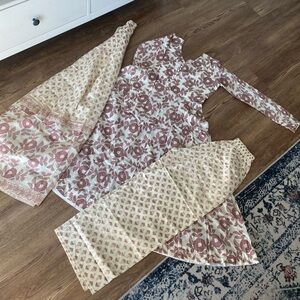 Beige and light brown floral print cotton Medium Anarkali kurta 3 pc set NWT
